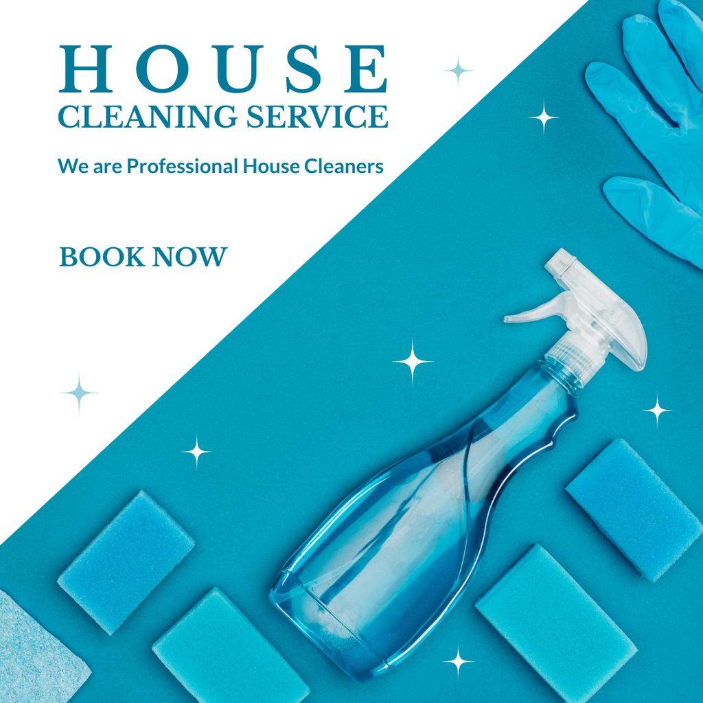 House Cleaning Services With Blue Detergents And Booking Instagram ADデザインテンプレート