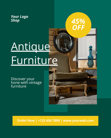 Designvorlage Angebot an antiken Möbelstücken für zu Hause mit Rabatt für Instagram Post Vertical