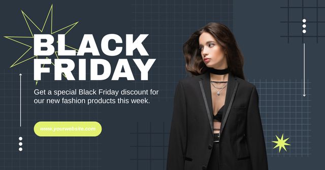 Designvorlage Black Friday Ad with Woman in Dark Blazer für Facebook AD