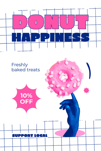 Doughnut Shop Promo with Hand with Pink Donut Pinterest Design Template