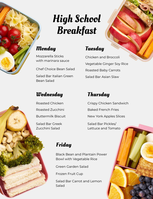 Ontwerpsjabloon van Menu 8.5x11in van Weekly High School Breakfast Offer