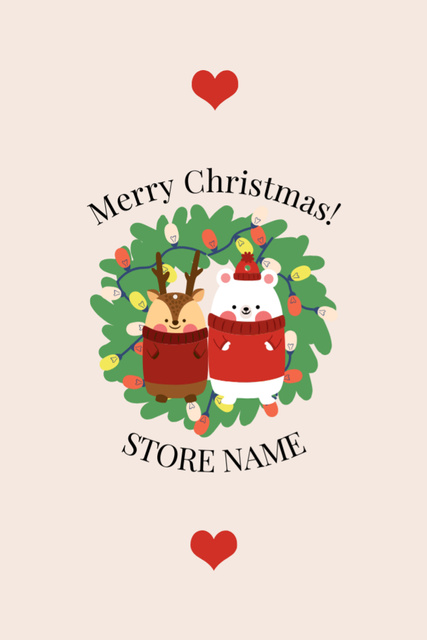 Merry Christmas Greetings with Cute Animals Postcard 4x6in Vertical Design Template