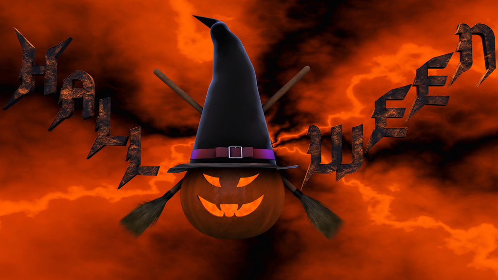Modèle de visuel Frightening Flame And Jack-o'-lantern With Witch Hat On Halloween - Zoom Background