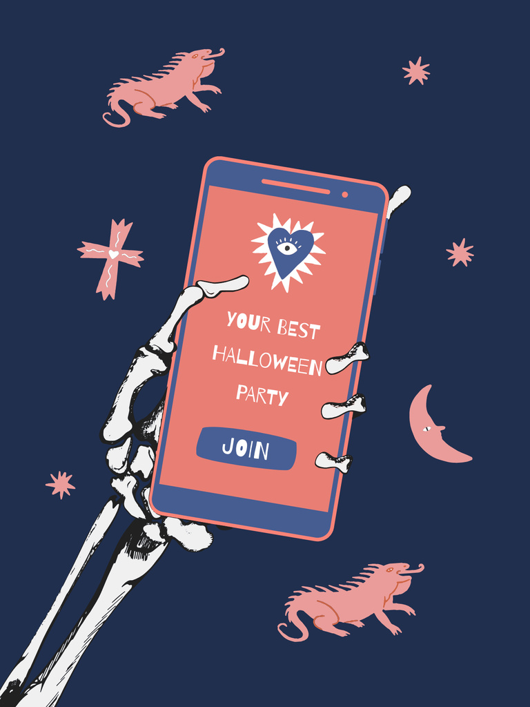 Plantilla de diseño de Halloween Party Announcement with Phone in Skeleton's Hand Poster US 