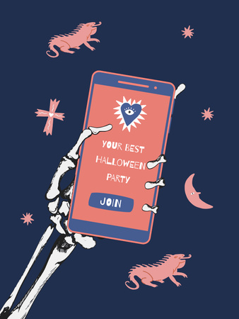 Designvorlage Halloween-Party-Ankündigung mit Telefon in der Hand des Skeletts für Poster US