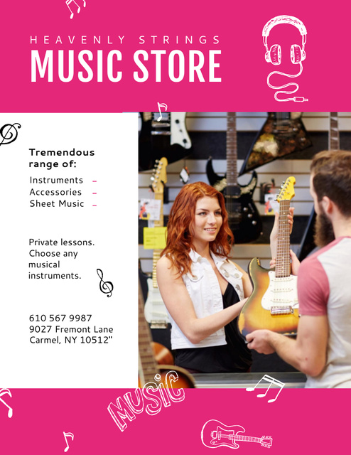 Aesthetic Music Store Ad with Seller Showing Guitar Poster 8.5x11in Tasarım Şablonu