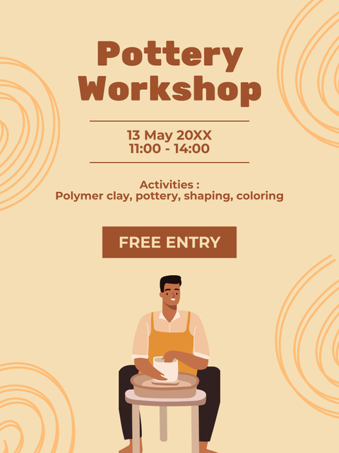 Ontwerpsjabloon van Poster US van Pottery Workshop Invitation with Happy Man Creating Vase on Pottery Wheel