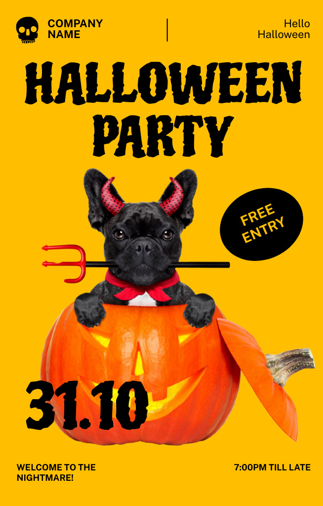 Halloween Party With Funny Dog In Pumpkin Invitation 4.6x7.2in – шаблон для дизайну