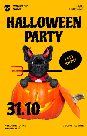 Halloween Party With Funny Dog In Pumpkin Invitation 4.6x7.2in – шаблон для дизайна