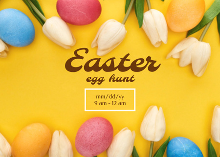 Ontwerpsjabloon van Flyer 5x7in Horizontal van Easter Egg Hunt Announcement with Eggs and Tulips