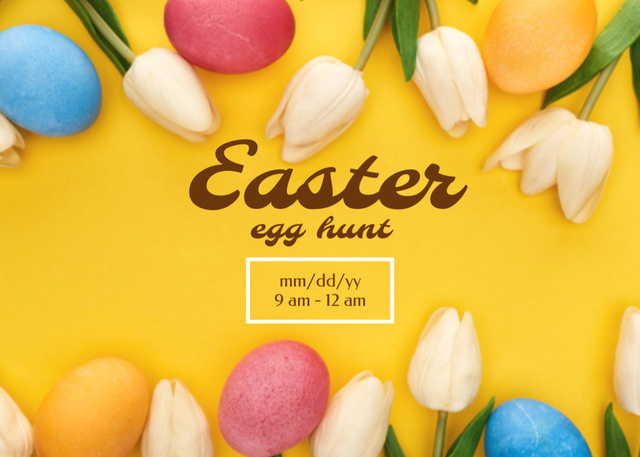 Designvorlage Easter Egg Hunt Announcement with Eggs and Tulips für Flyer 5x7in Horizontal