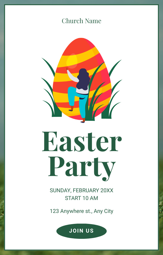 Easter Party Announcement with Big Colored Egg and Woman Invitation 4.6x7.2in Design Template