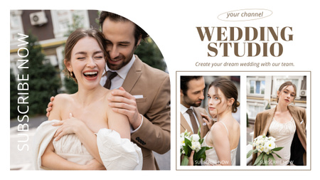 Wedding Studio Ad with Young Cheerful Couple Youtube Thumbnail Design Template