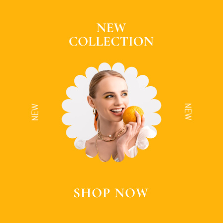 Plantilla de diseño de Nueva Propuesta de Colección con Mujer Joven con Naranja Instagram 
