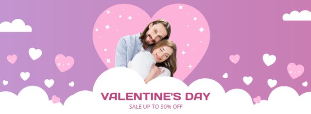 Valentine's Day Sale with Couple in Love on Purple Facebook cover Tasarım Şablonu