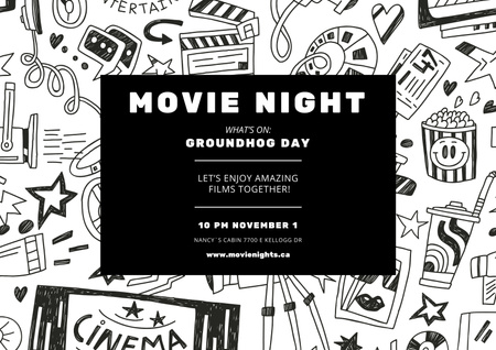 Plantilla de diseño de Evento de noche de cine con íconos de la cinematografía Poster A2 Horizontal 