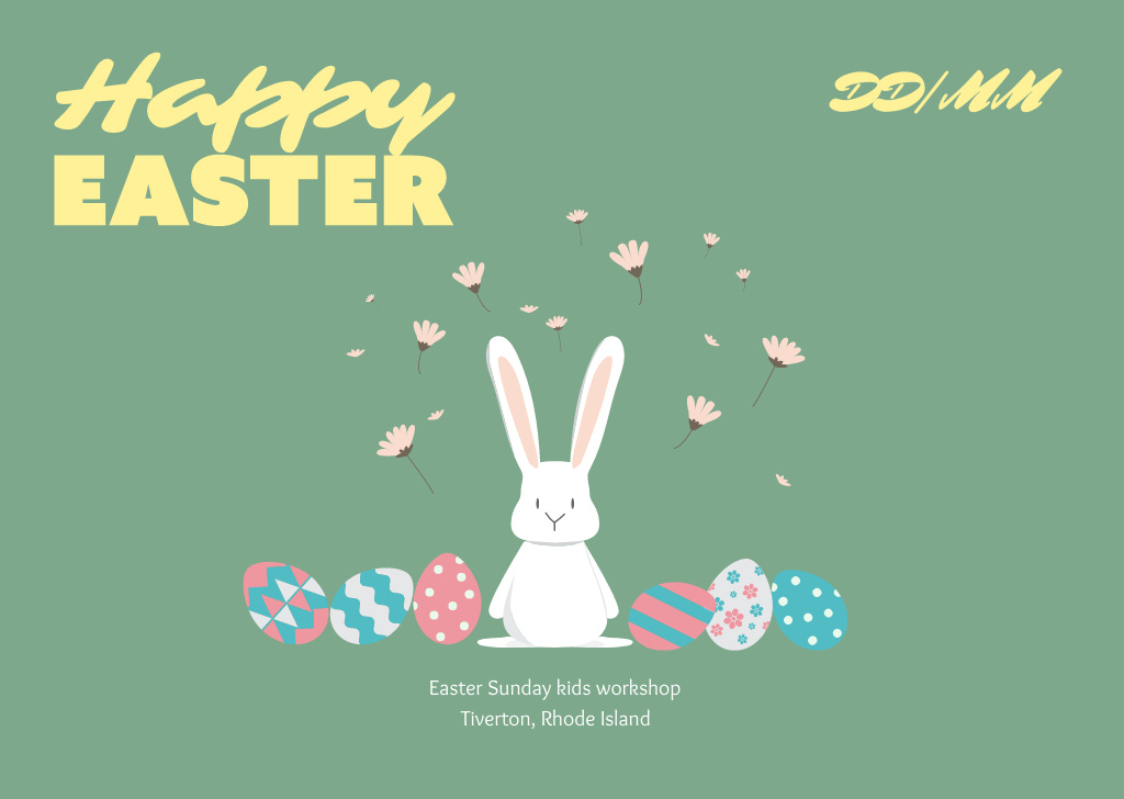 Platilla de diseño Easter Celebration Announcement with Cute Bunny and Decorated Eggs Flyer A6 Horizontal
