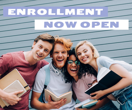 Enrollment Opening Announcement with Happy Students Facebookデザインテンプレート