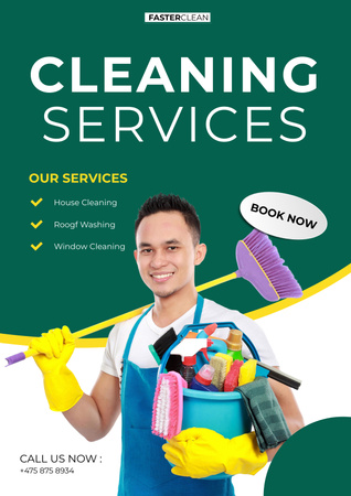 Cleaning Service Ad with Man in Yellow Gloves Poster Tasarım Şablonu