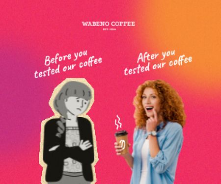 Platilla de diseño Funny Coffeeshop Promotion with Woman holding Cup Medium Rectangle