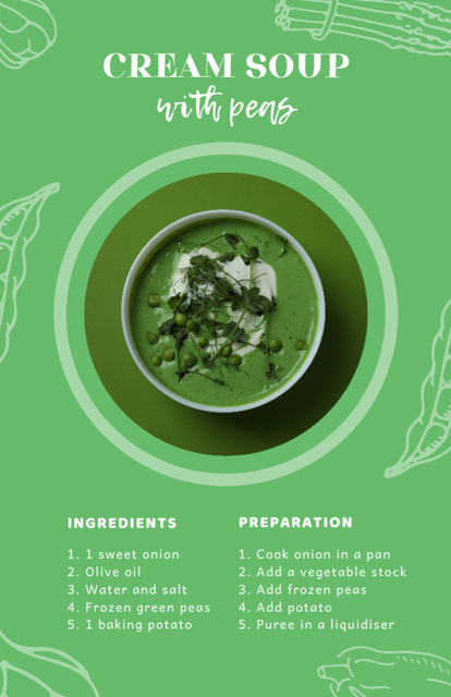 Szablon projektu Cream Soup with Peas in Bowl Recipe Card