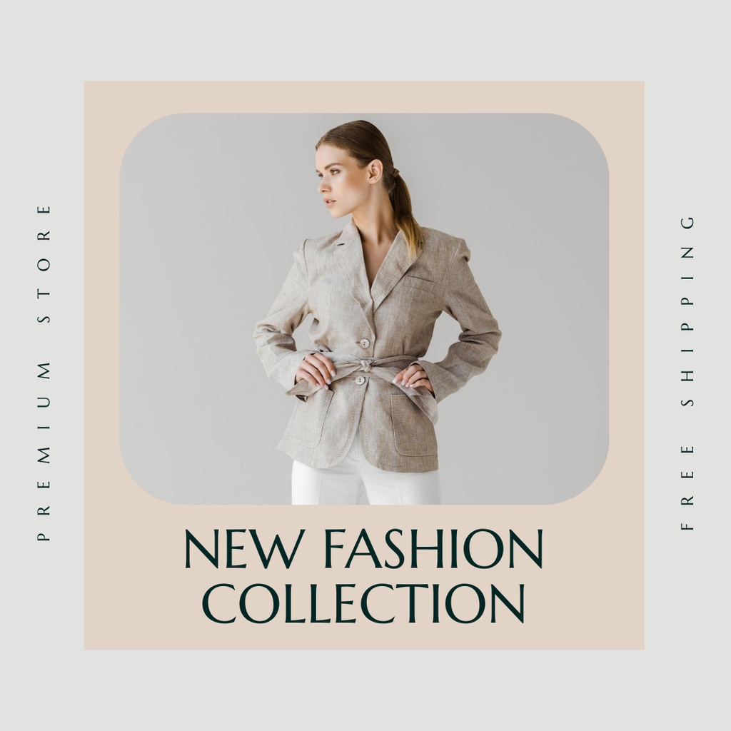 New Collection with Attractive Girl in Stylish Grey Jacket Instagram Tasarım Şablonu