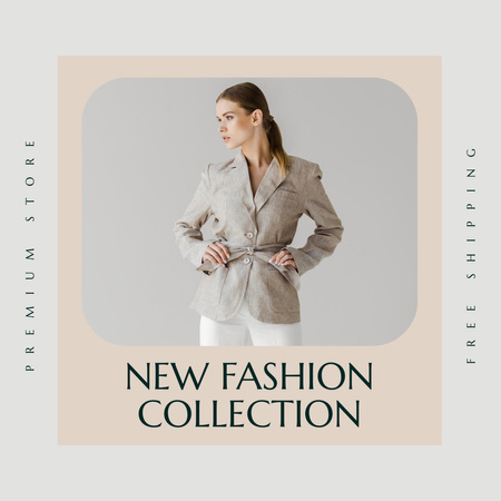 New Collection with Attractive Girl in Stylish Grey Jacket Instagram Design Template