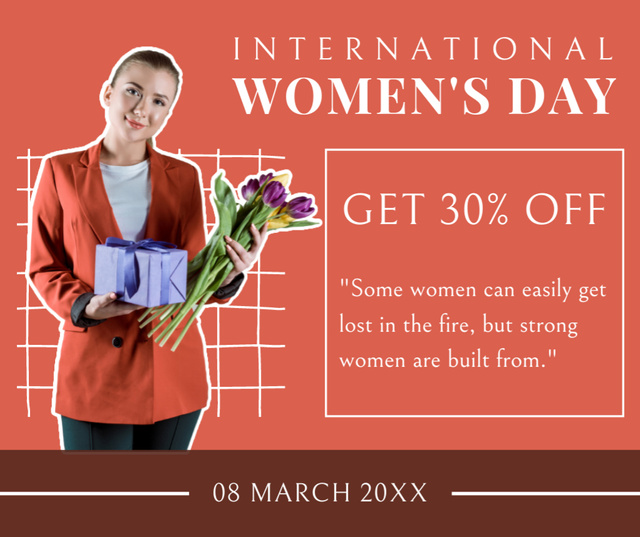 Woman with Flowers and Gift on International Women's Day Facebookデザインテンプレート