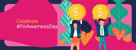 Ontwerpsjabloon van Facebook cover van Finance Awareness Day met ondernemers die munten vasthouden