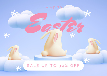 Easter Holiday Sale Announcement with Decorative Rabbits on Clouds Card Design Template