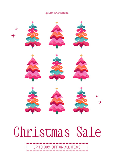 Christmas Sale Offer With Colorful Stylish Trees Poster Design Template