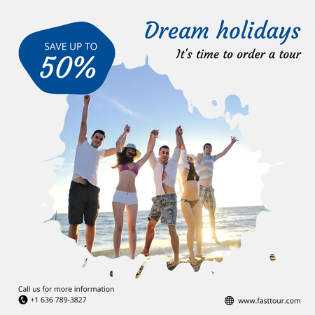 Ontwerpsjabloon van Instagram AD van Travel Tour Offer with Friends on Beach