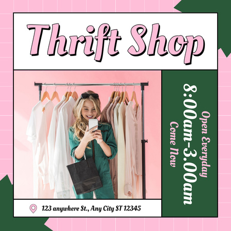 Happy woman in thrift shop Instagram ADデザインテンプレート