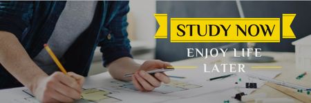 Student working with blueprints and motivational quote Email header Design Template