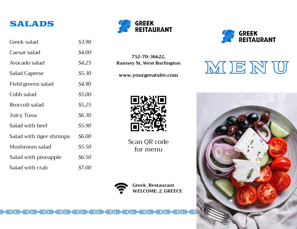 Designvorlage Delicious Greek Dish in Bowl für Menu 11x8.5in Tri-Fold