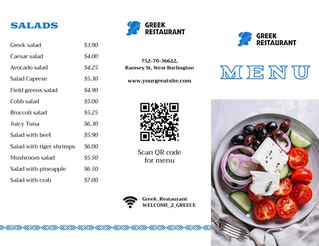 Delicious Greek Dish in Bowl Menu 11x8.5in Tri-Foldデザインテンプレート