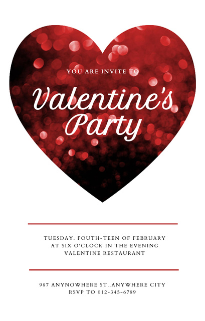 Valentine's Day Party Announcement with Red Glitter Heart Invitation 4.6x7.2in Πρότυπο σχεδίασης