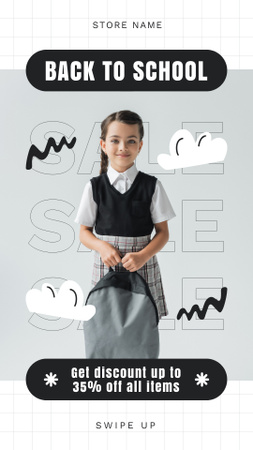 Plantilla de diseño de Descuento en todos los artículos escolares con colegiala en uniforme Instagram Story 