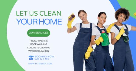 Cleaning Service Ad with Three Smiling Girls Facebook AD Tasarım Şablonu