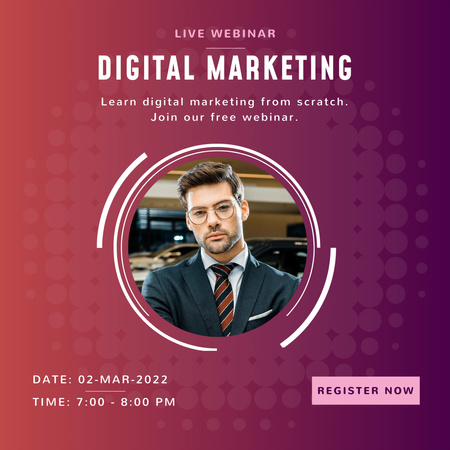 Digital Marketing Webinar Invitation with Serious Young Businessman Wearing Glasses Instagram Design Template
