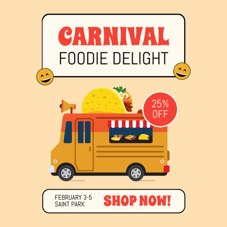 Van With Foodie Delights At Reduced Price In Amusement Park Animated Post Design Template