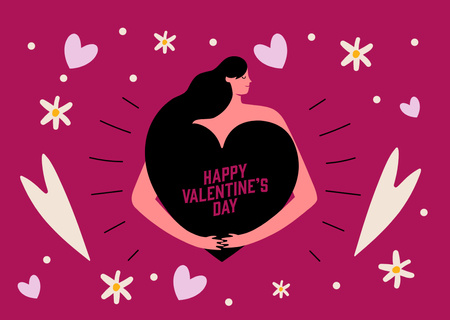 Happy Valentine's Day Greeting with Woman Hugging Heart Card Design Template
