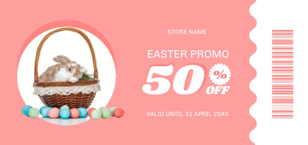 Easter Promotion with Colorful Easter Eggs Near Wicker Basket with Bunny Coupon Din Large Design Template