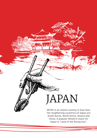 Ontwerpsjabloon van Poster van japanse pagode en sushi in het rood