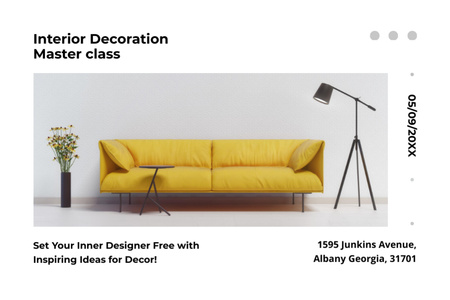Designvorlage Interior Decoration Masterclass Ad with Stylish Yellow Couch für Flyer 4x6in Horizontal