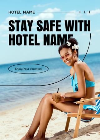 Beach Hotel Advertisement with Beautiful African American Woman Flayer Design Template