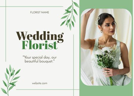 Platilla de diseño Wedding Florist Ad with Beautiful Young Bride Holding Bouquet Postcard 5x7in