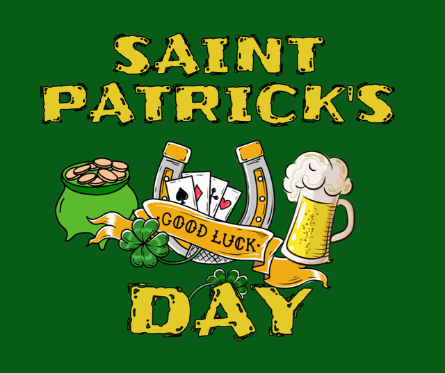Holiday Wishes for Saint Patrick's Day with Pot of Coins and Horseshoe Facebook Šablona návrhu