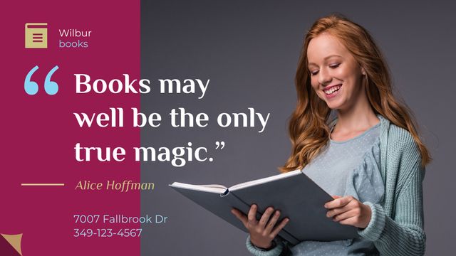 Platilla de diseño Books Quote Smiling Woman Reading Title