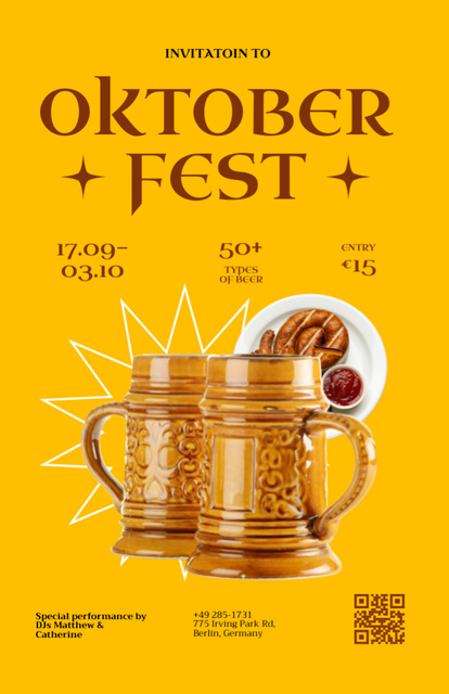 Oktoberfest Celebration With Sausages And Beer in Yellow Invitation 5.5x8.5in Šablona návrhu